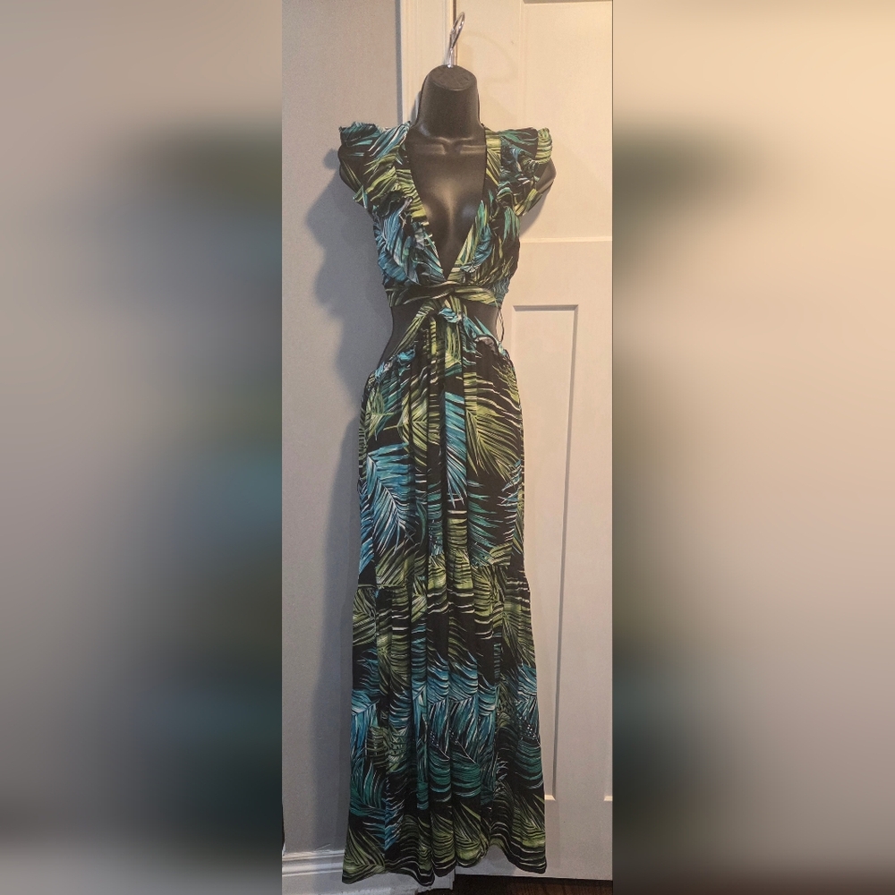 Diesel Tropical Leaf Maxi Dress in Teal and Lime